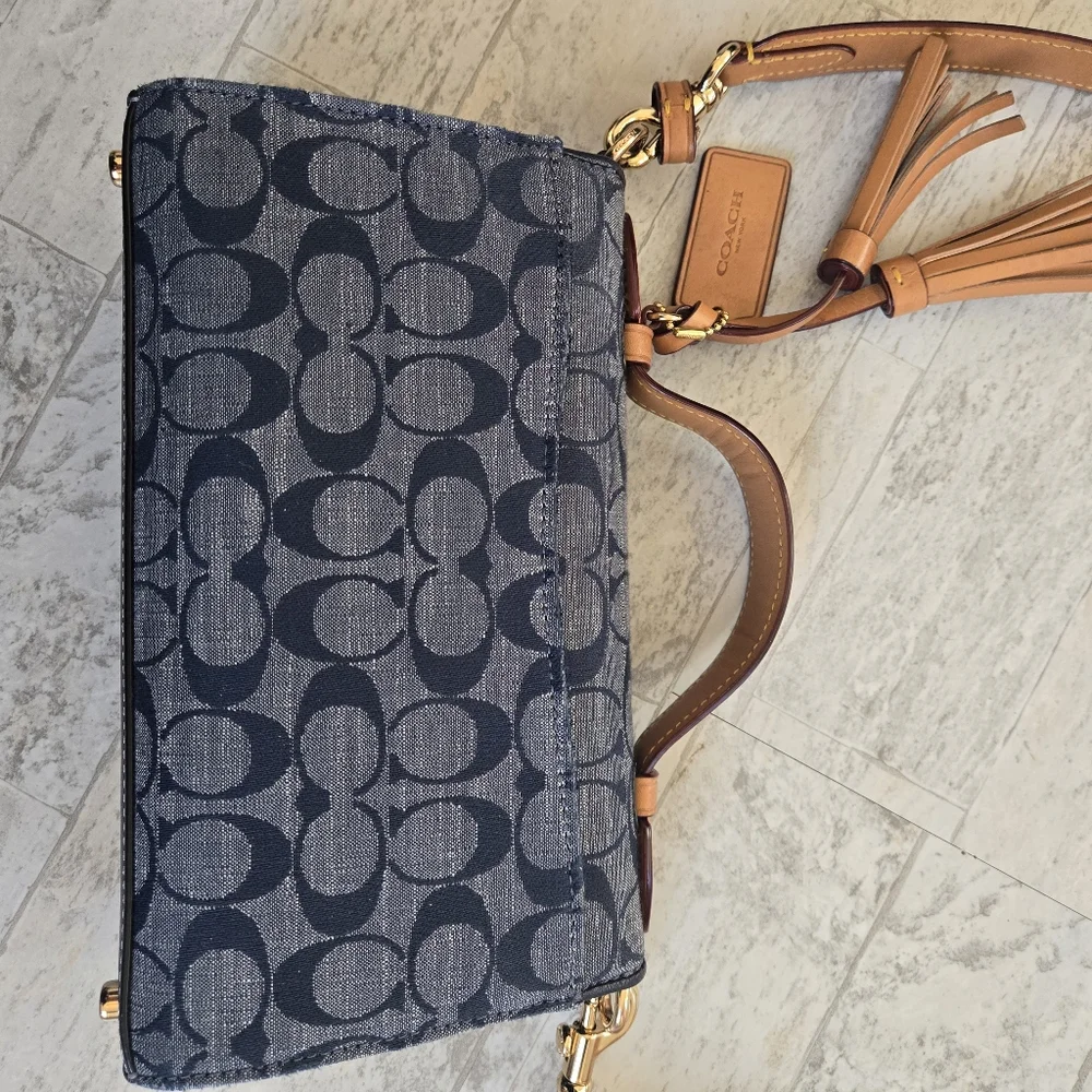 Coach Navy Signature Canvas Crossbody with Tan Leather Trim - Picture 9 of 14